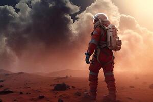 The astronaut in space suit walking on planet. Exploration of the planet's surface. photo