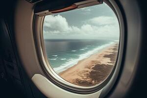 View of the beach and sea the airplane window. Travel and tourism concept. photo