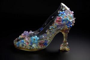 Womens high heeled slipper. Cinderellas slipper made crystal glass and diamonds. photo