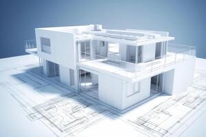 Building project plan. Blueprint of a modern house with 3d model. photo