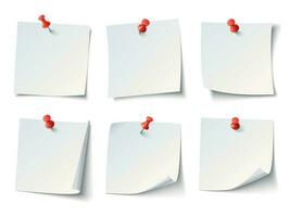 White paper notes on red thumbtack. Top view note sticker with pins vector set