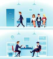 Businessmen, diverse employees waiting interview in row. Contender employee and interviewer sitting at desk on chairs. Recruitment and headhunting vector concept