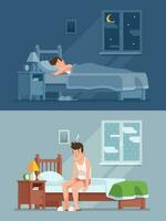 Man sleeping under duvet at night, waking up morning with bed hair and feeling sleepy. Sleep disorder cartoon vector concept