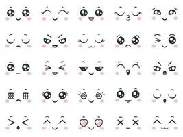 linda garabatear emoticones con facial expresiones japonés anime estilo emoción caras y kawaii emoji íconos vector conjunto