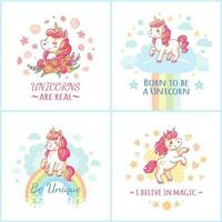 hada unicornio póster. dulce arco iris magia unicornios desde contento Sueños imprimible carteles vector conjunto