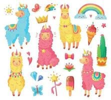 Funny mexican smiling alpaca with fluffy wool and cute rainbow llama unicorn. Magic pets cartoon illustration set vector