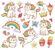 Magic unicorn cats in crown, sweet cupcakes, ice cream, rainbow and clouds. Cartoon fairy smiling cat, kitty with color tail vector set