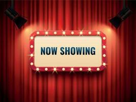 Retro cinema or theater frame illuminated by spotlight. Now showing sign on red curtain backdrop. Movie premiere signs vector template