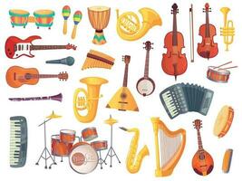 Cartoon musical instruments, guitars, bongo drums, cello, saxophone, microphone, drum kit isolated. Music instrument vector collection