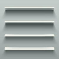 Empty white shelves for home shelving furniture. Realistic group of racks, storage shelf with shadow or shop rack vector illustration