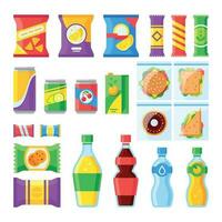 Vending products. Snacks, chips, sandwich and drinks for vendor machine bar. Cold beverages and snack in plastic package vector icons