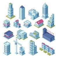 ciudad edificios 3d isométrica proyección para mapa. casas, fabricado área, almacenamiento, calles y rascacielos edificio aislado vector conjunto