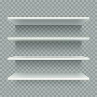 Modern empty 3d bookshelf. Retail shop shelf on wall. White shelves with shadow vector set
