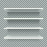 Modern empty 3d bookshelf. Retail shop shelf on wall. White shelves with shadow vector set