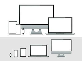 Computer, laptop, tablet, smartphone and smart watch device with blank white screen. Devices mockup for presentation isolated vector set