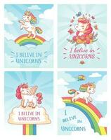 Greeting card writing design for girl with slogan I believe in unicorns . Rainbow colorful unicorn poster print vector