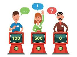 Characters answer test question on intellect show. Pressing button and answering quiz questions. Game competition vector illustration