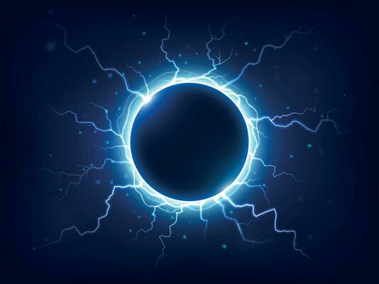 Spectacular thunder and lightning surround blue electric ball. Power energy sphere surrounded electrical lightnings vector background