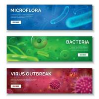 Microbiology 3d background. Viruses, infection and bacteria for banners. Virus bacterium science isolated banner set vector