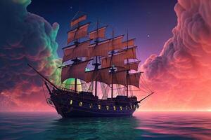 Old magic frigate flying on colorful clouds. Ship in the ocean with stardust. photo