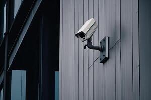 seguridad cámara en moderno edificio. cctv en el pared en el ciudad. generativo ai foto