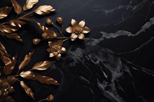 The marble texture in black and gold colors with golden flowers. Luxurious design. photo