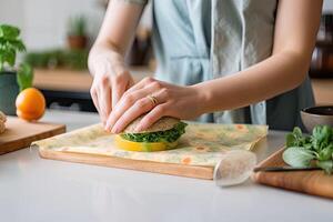 Woman hands wrapping a healthy sandwich in beeswax food wrap. photo