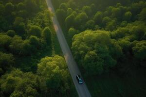 aéreo ver la carretera y bosque. la carretera yendo mediante bosque con coche ver desde arriba. generativo ai foto