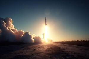 Rocket stars into space. Spaceship takes off into the sky on a mission. photo