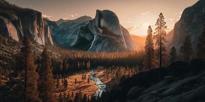 . . Photo realistic illustration of usa american Yosemite national park in the evening morning. Adventure explore vibe. Graphic Art