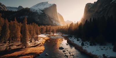 . . Photo realistic illustration of usa american Yosemite national park in the evening morning. Adventure explore vibe. Graphic Art