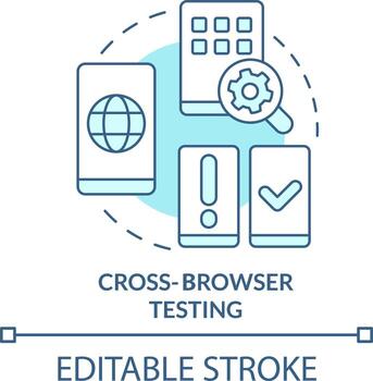cruzar navegador pruebas turquesa concepto icono. diferente navegadores móvil diseño prueba resumen idea Delgado línea ilustración. aislado contorno dibujo. editable carrera vector