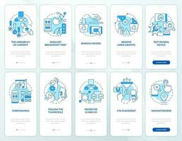Mobile first design blue onboarding mobile app screen set. Walkthrough 5 steps editable graphic instructions with linear concepts. UI, UX, GUI template vector