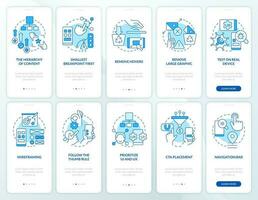 Mobile first design blue onboarding mobile app screen set. Walkthrough 5 steps editable graphic instructions with linear concepts. UI, UX, GUI template vector