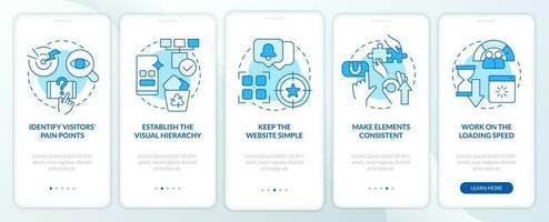 Mobile first key elements blue onboarding mobile app screen. Walkthrough 5 steps editable graphic instructions with linear concepts. UI, UX, GUI template vector