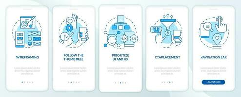 Mobile website development blue onboarding mobile app screen. Walkthrough 5 steps editable graphic instructions with linear concepts. UI, UX, GUI template vector