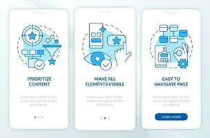 Mobile design recommendations blue onboarding mobile app screen. Walkthrough 3 steps editable graphic instructions with linear concepts. UI, UX, GUI template vector