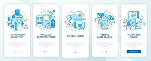 Mobile first design process blue onboarding mobile app screen. Walkthrough 5 steps editable graphic instructions with linear concepts. UI, UX, GUI template vector