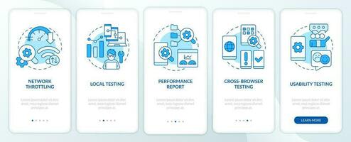 Mobile first design testing blue onboarding mobile app screen. Walkthrough 5 steps editable graphic instructions with linear concepts. UI, UX, GUI template vector