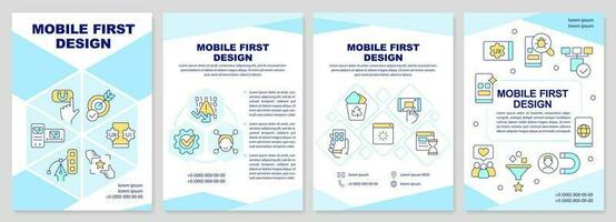 Mobile first design turquoise brochure template. Leaflet design with linear icons. Editable 4 vector layouts for presentation, annual reports