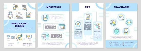 Mobile first design process turquoise brochure template. Leaflet design with linear icons. Editable 4 vector layouts for presentation, annual reports