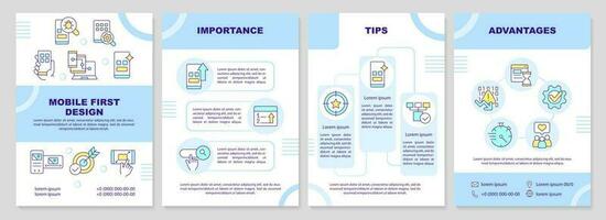 Mobile first design process turquoise brochure template. Leaflet design with linear icons. Editable 4 vector layouts for presentation, annual reports