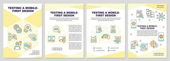 Testing mobile first design yellow brochure template. Leaflet design with linear icons. Editable 4 vector layouts for presentation, annual reports