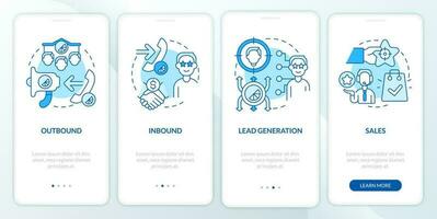 Types of telemarketing activities blue onboarding mobile app screen. Walkthrough 4 steps editable graphic instructions with linear concepts. UI, UX, GUI template vector