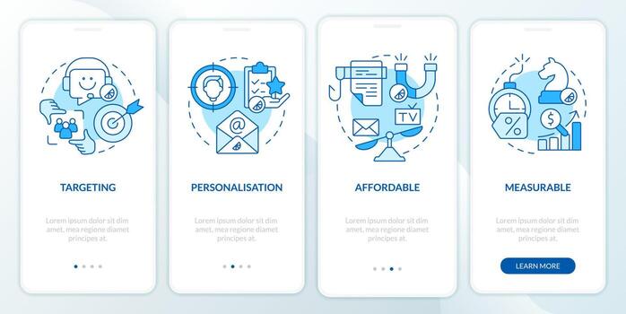 beneficios de directo márketing azul inducción móvil aplicación pantalla. recorrido 4 4 pasos editable gráfico instrucciones con lineal conceptos. ui, ux, gui modelo vector