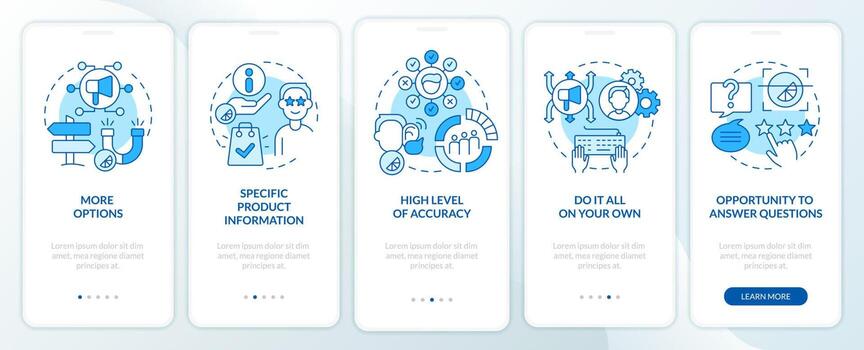 Pros of direct marketing blue onboarding mobile app screen. Benefits walkthrough 5 steps editable graphic instructions with linear concepts. UI, UX, GUI template vector