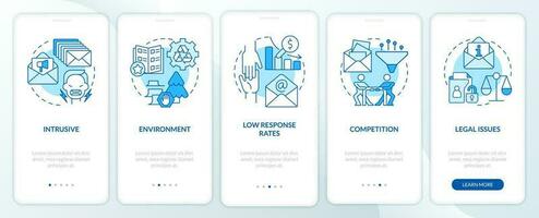 Challenges of direct marketing blue onboarding mobile app screen. Walkthrough 5 steps editable graphic instructions with linear concepts. UI, UX, GUI template vector