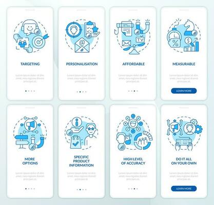 Direct marketing benefits blue onboarding mobile app screen set. Pros walkthrough 4 steps editable graphic instructions with linear concepts. UI, UX, GUI template