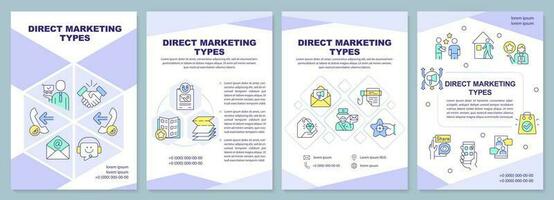 Direct marketing types purple brochure template. Advertisement. Leaflet design with linear icons. Editable 4 vector layouts for presentation, annual reports