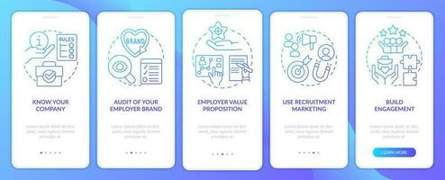 Build HR system blue gradient onboarding mobile app screen. Employer branding walkthrough 5 steps graphic instructions with linear concepts. UI, UX, GUI template vector